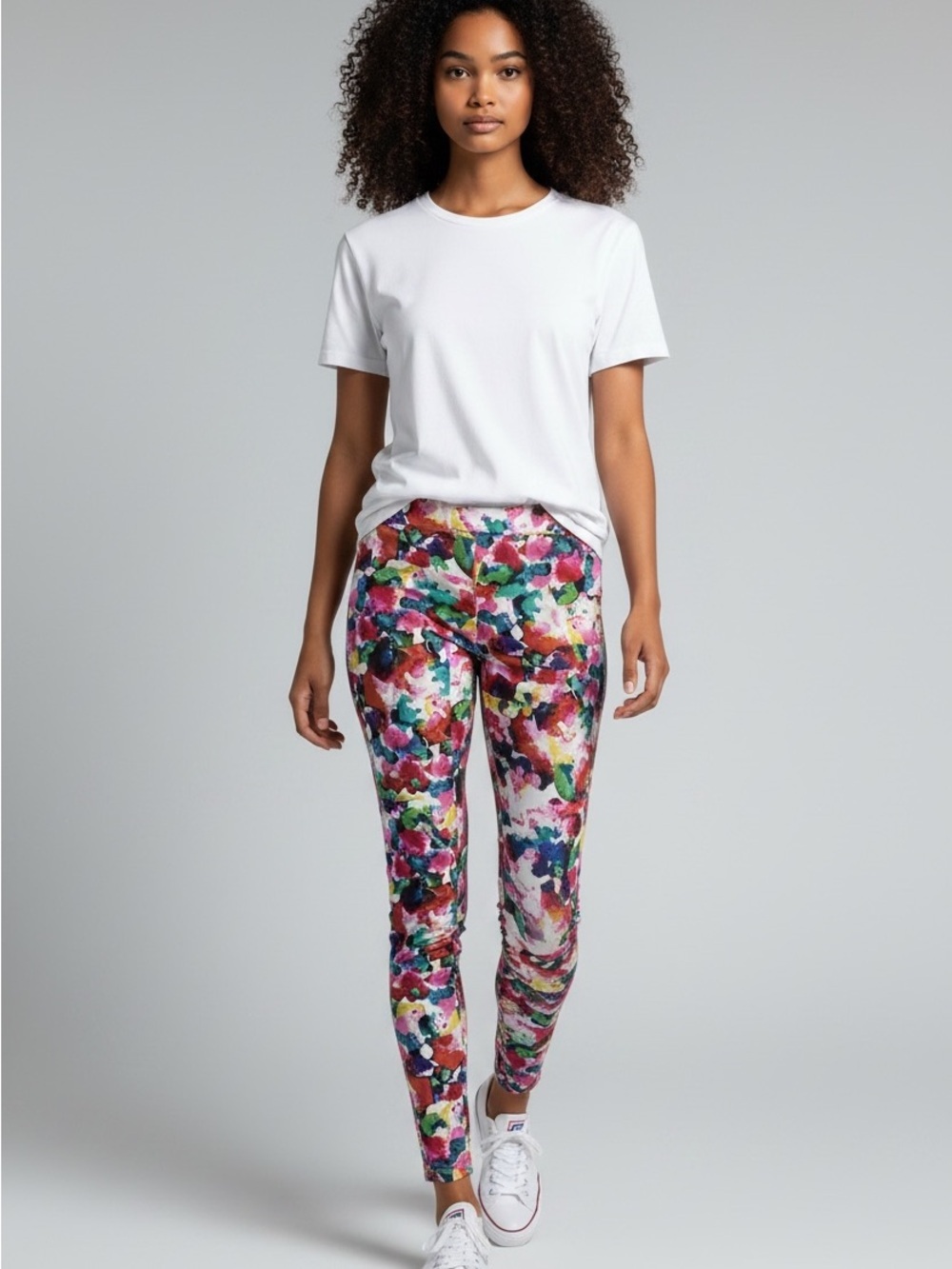 Orange Multicolor Abstract Floral-Style Leggings, Tons of Stretch, Flat Front